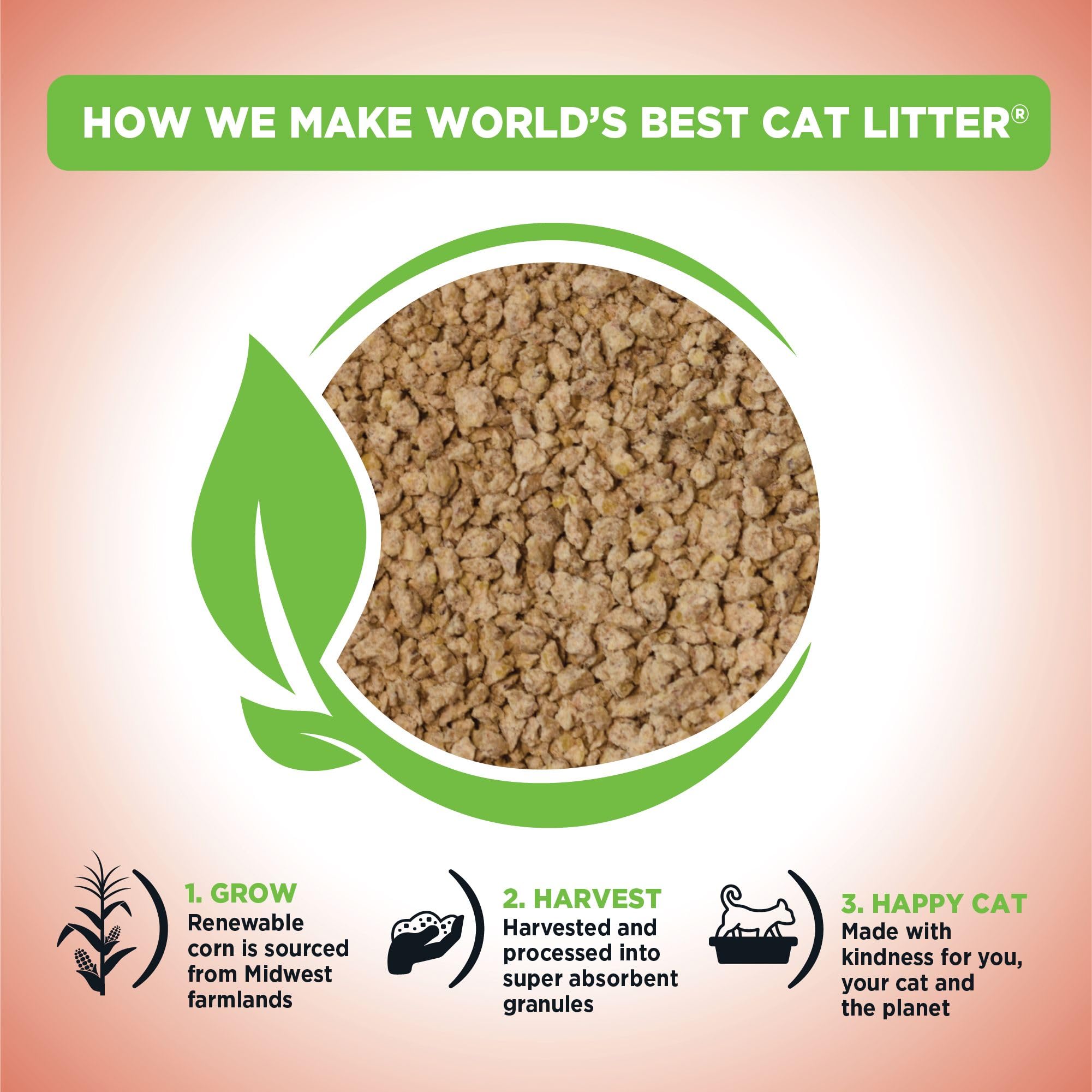 World's Best Cat Litter, grumos rápidos y fáciles de retirar para limpieza eficiente.