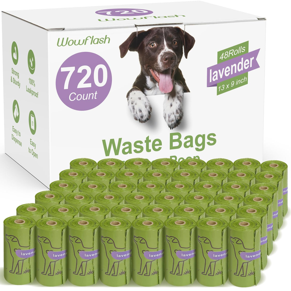 Wowflash bolsas excrementos perro lavanda 13x9, aroma suave para un paseo limpio.