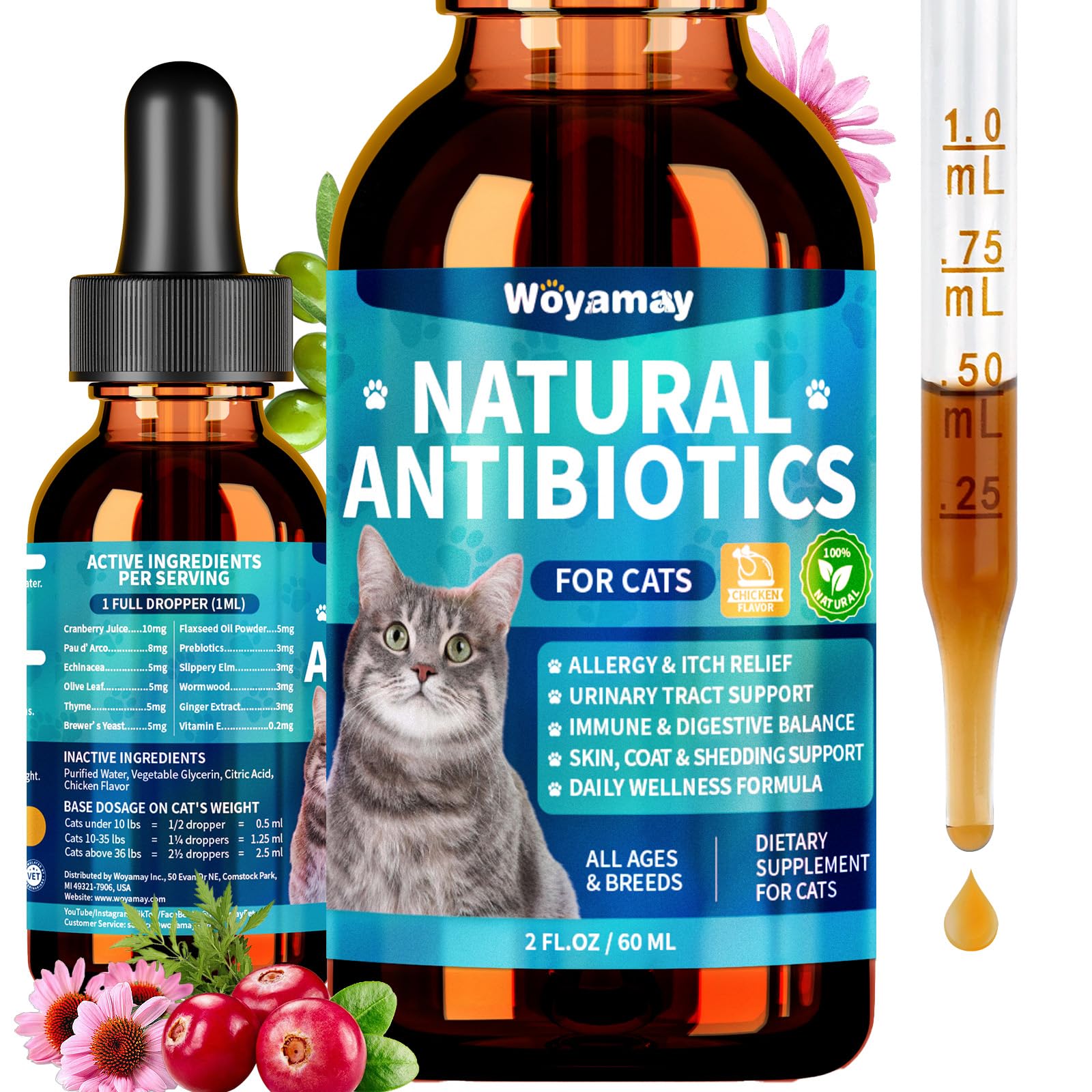 Gotas naturales de Woyamay para gatos, apoyo a la inmunidad y bienestar general.