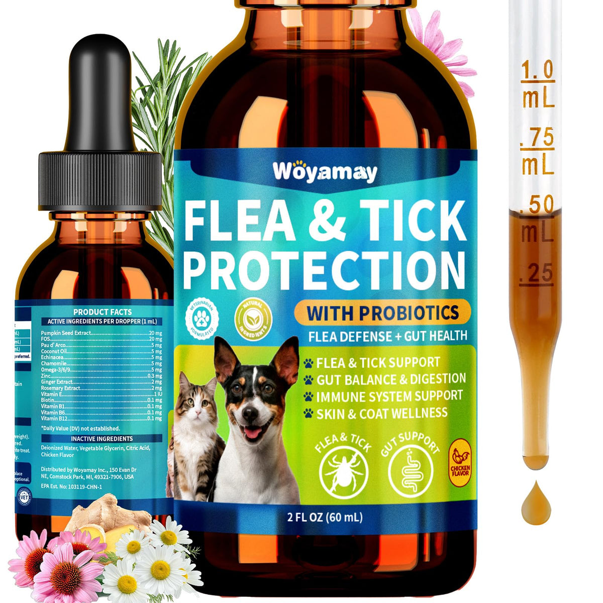 Gotas Woyamay defensa-pulgas para perros y gatos, apoyo digestivo suave.