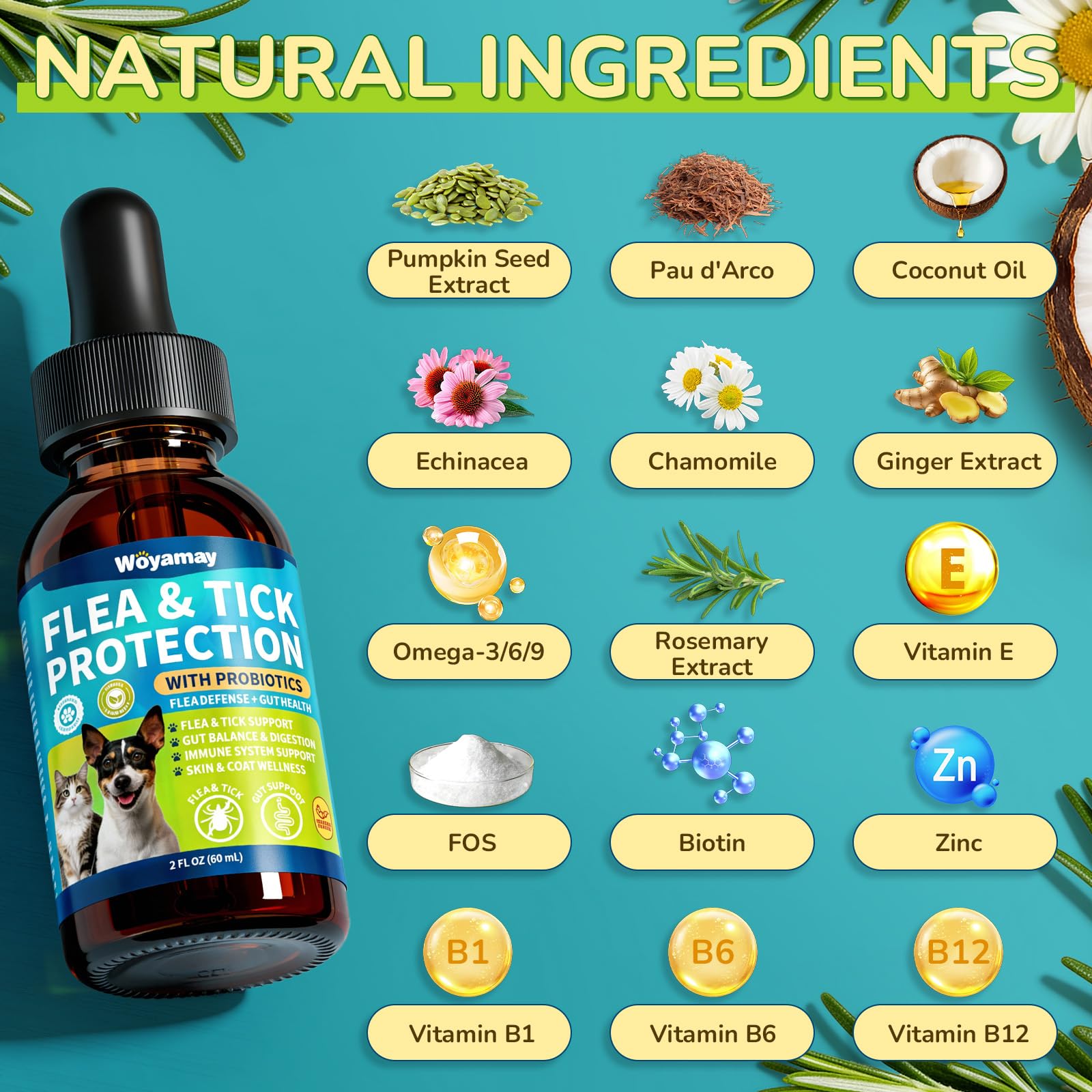 Doble función: pulgas y apoyo digestivo, gracias a su fórmula natural.