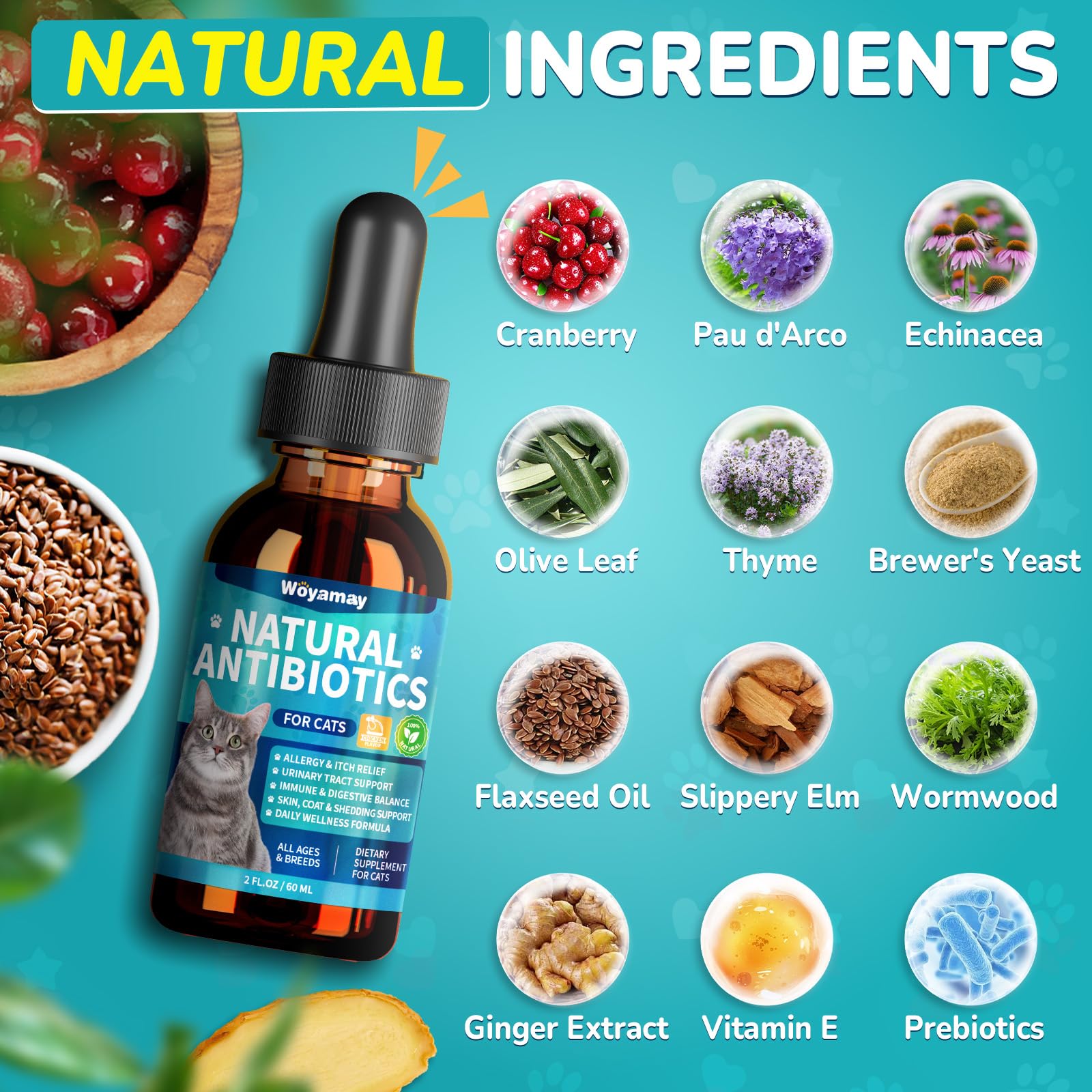 Fórmula herbal de Woyamay para gatos, ingredientes naturales y equilibrados.