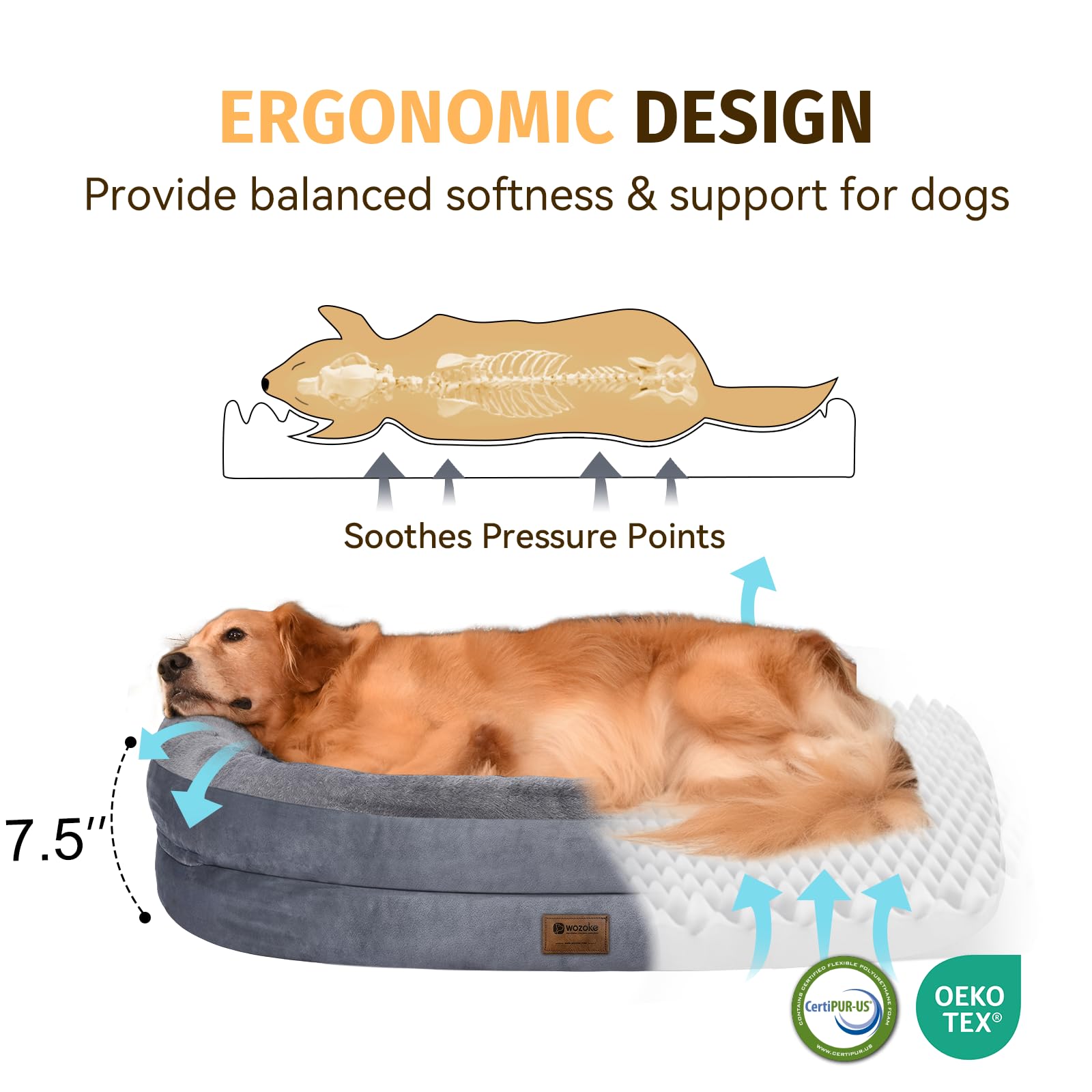 WOZOKE cama para perro grande con bordes acolchados que sostienen cuello y espalda.