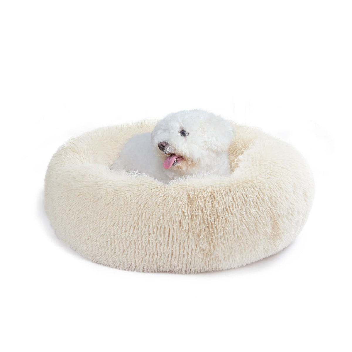 Wrkfree cama para perro pequeño con forma dona blanca crema, ideal para sueño cómodo.