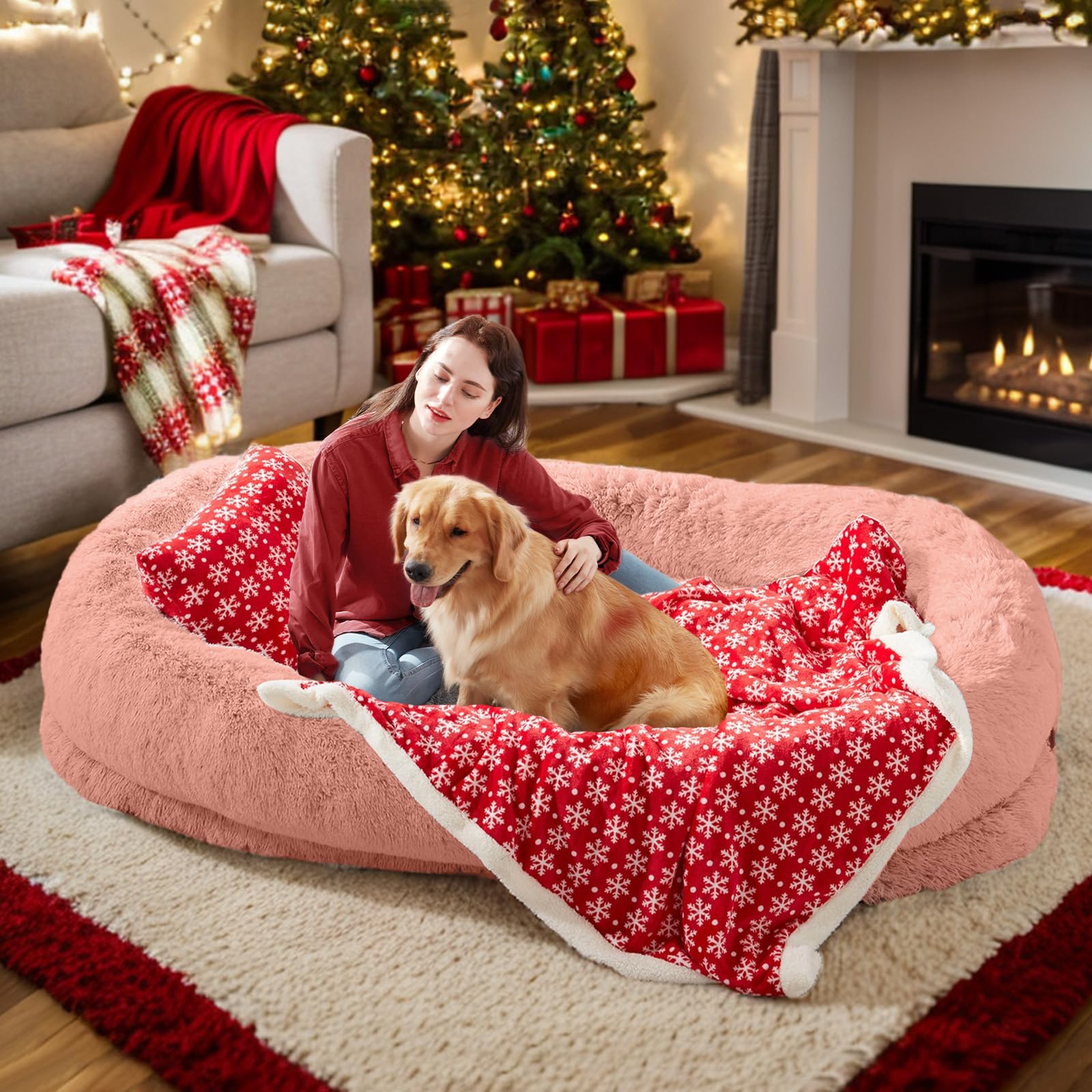 Cama para perros y personas WROS, vista frontal, pelo sintético rosa, suave y descanso cómodo.