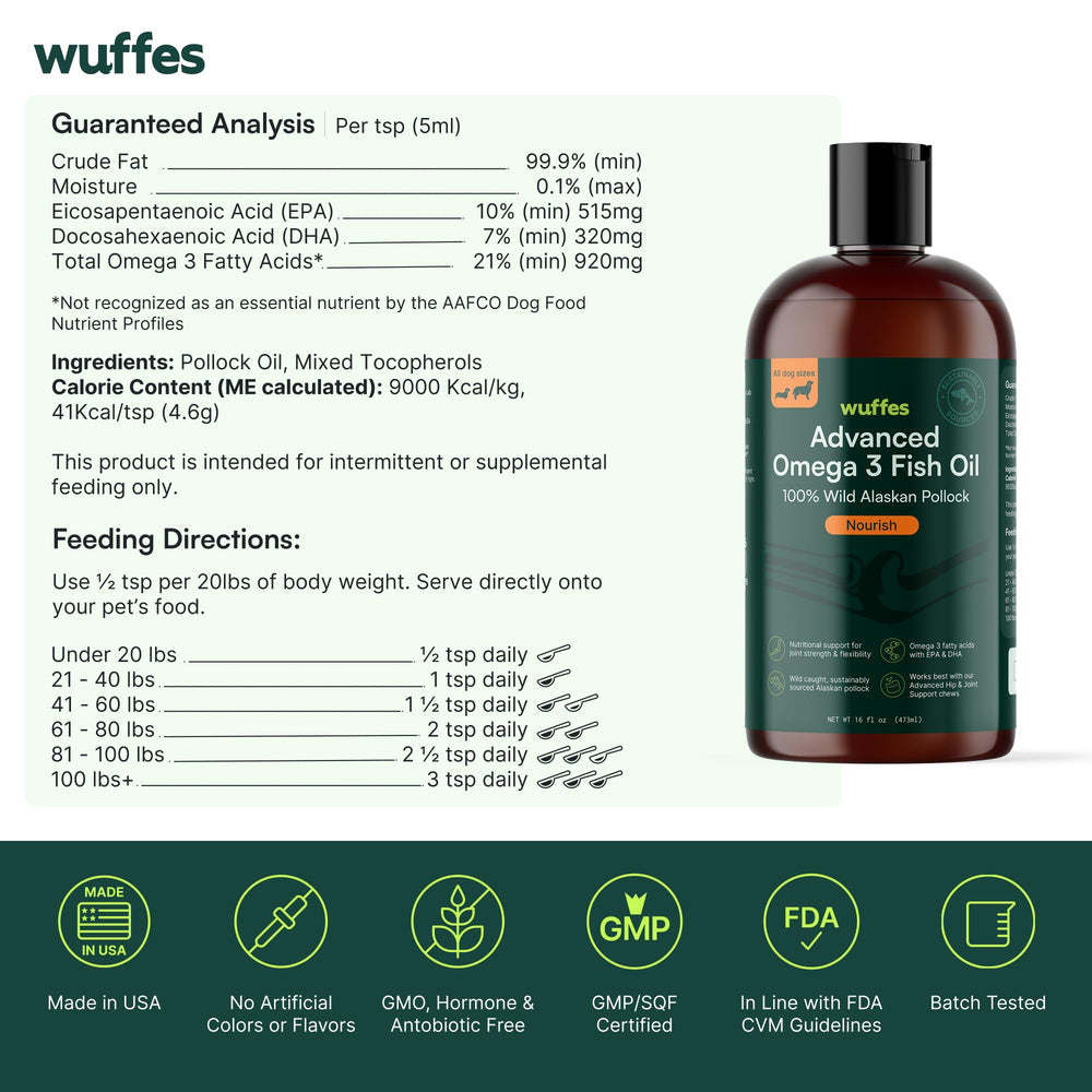 Wuffes Aceite de Pescado Alaska bote 473ml: presentación conveniente para casa.