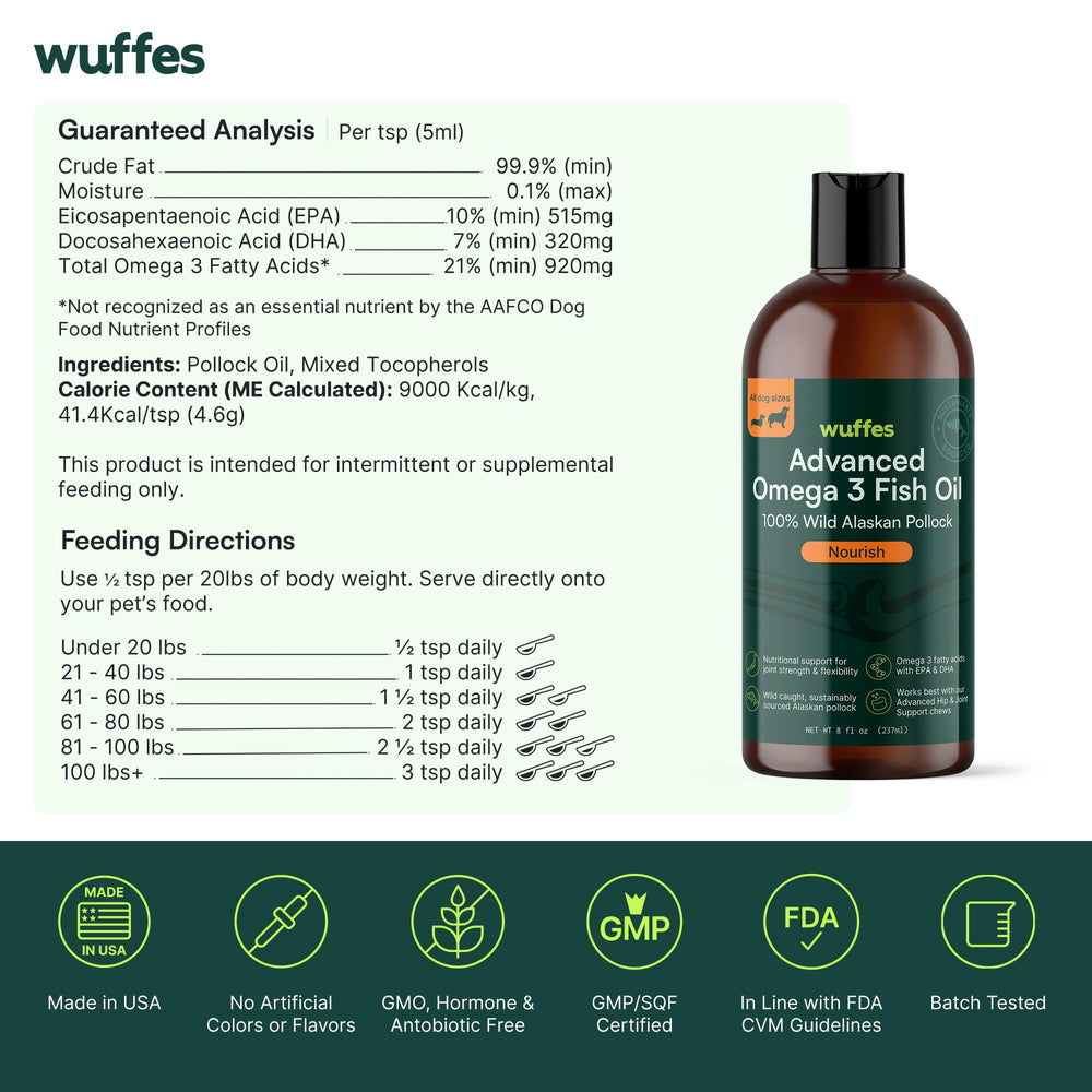 Wuffes Aceite de Pescado Alaska, etiqueta clara y transparente del producto.