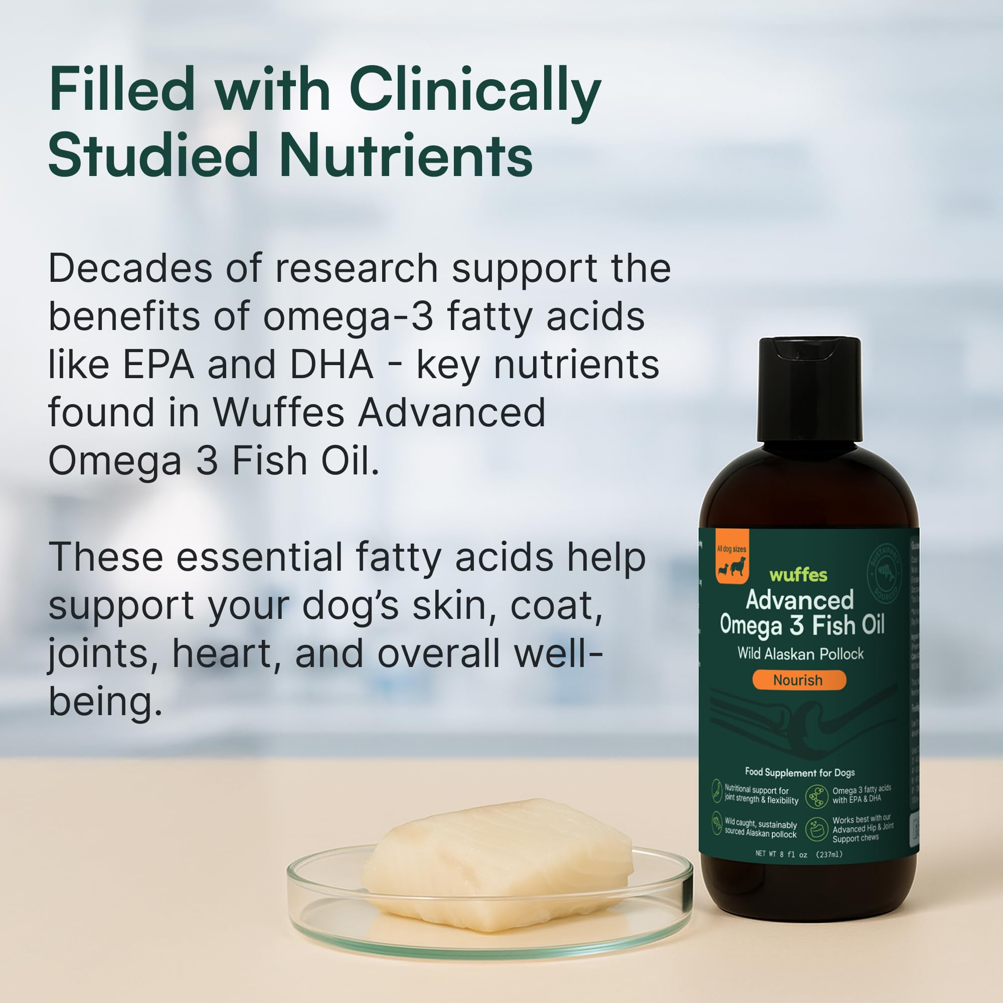 Wuffes Aceite de Pescado Alaska etiqueta natural: producto puro y sin aditivos.
