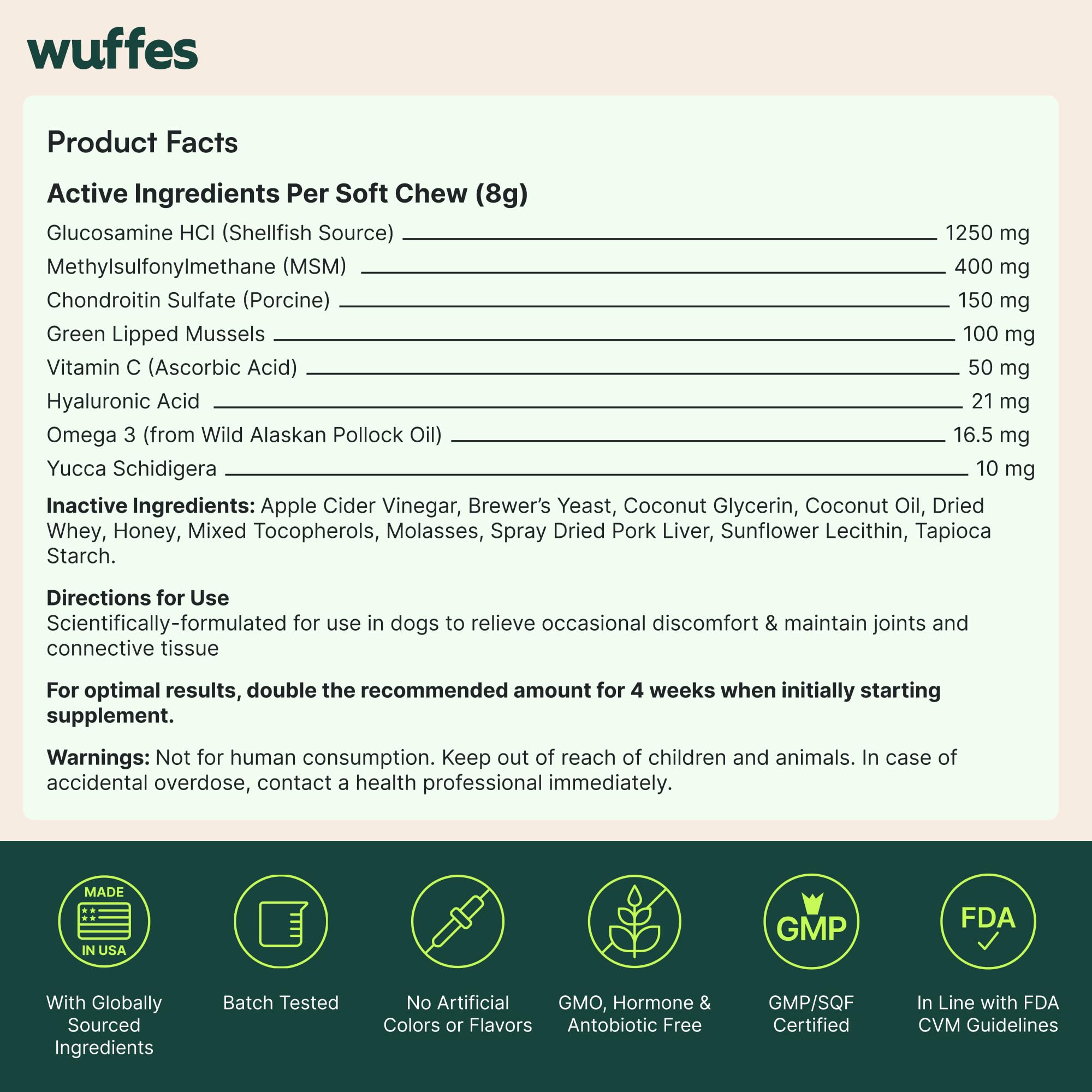 Mejillón verde y otros ingredientes en Wuffes para movilidad.
