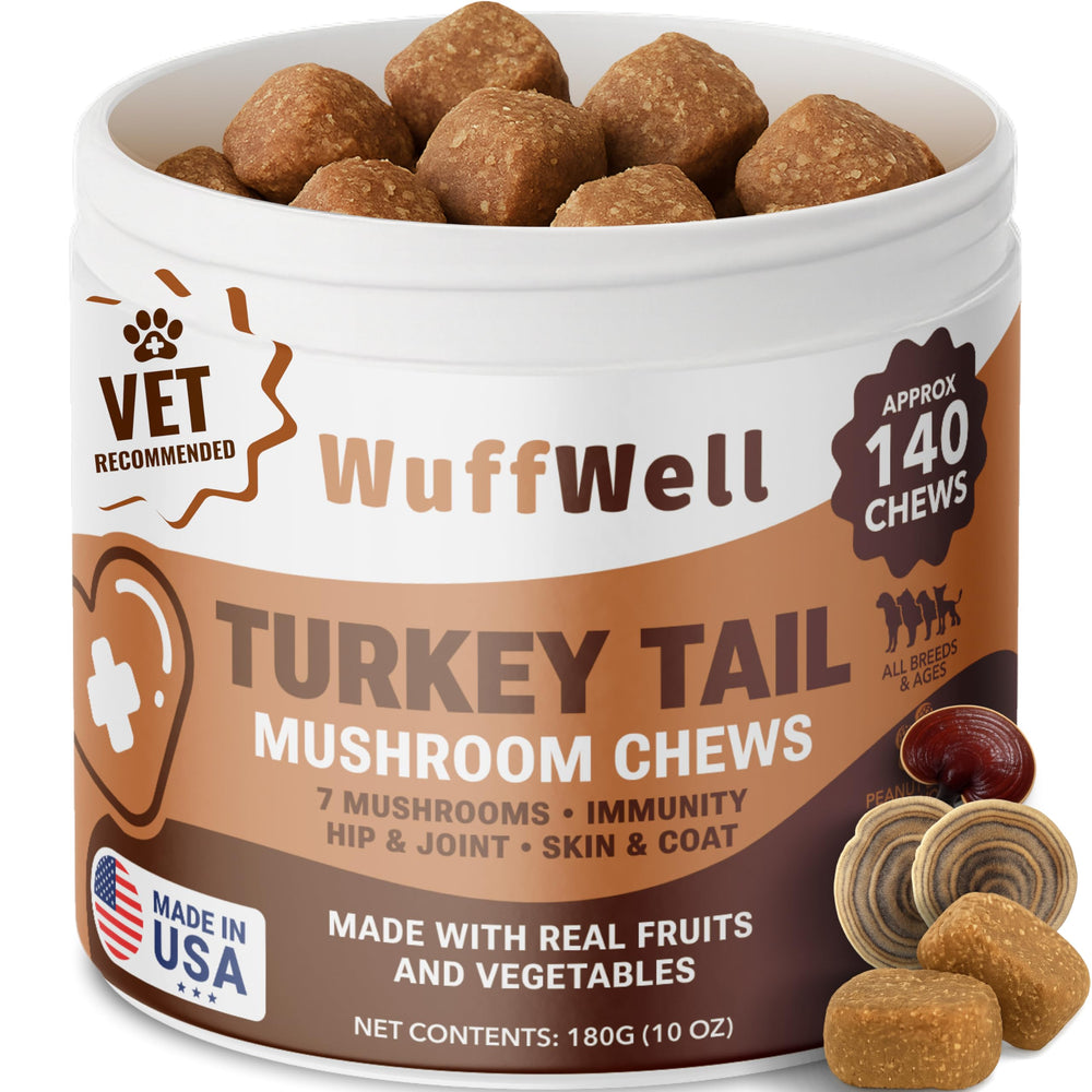 WuffWell en el bote, cola-pavo para perros, soporte inmunitario suave.