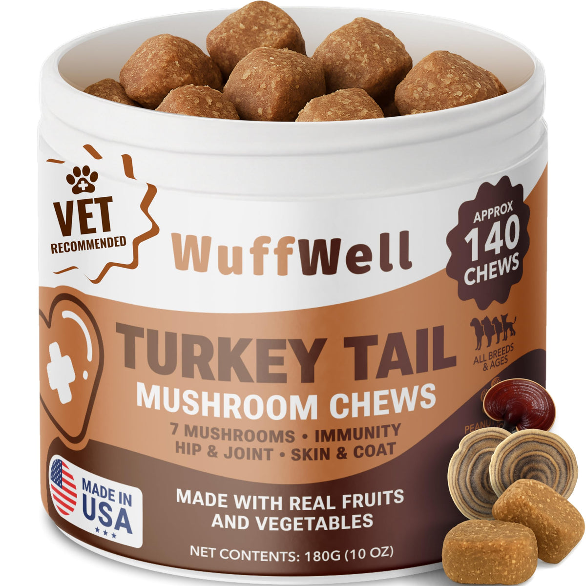 WuffWell en el bote, cola-pavo para perros, soporte inmunitario suave.