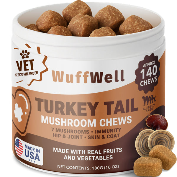 WuffWell en el bote, cola-pavo para perros, soporte inmunitario suave.