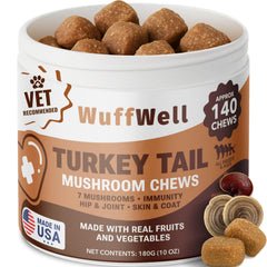 WuffWell en el bote, cola-pavo para perros, soporte inmunitario suave.