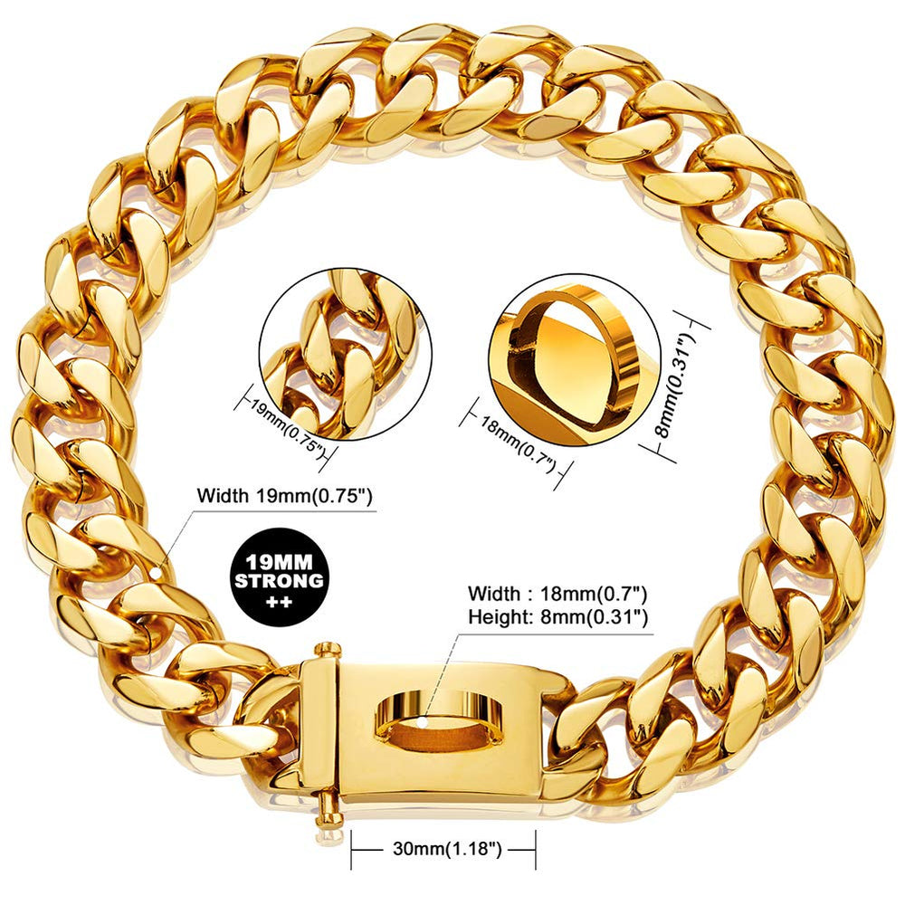 Collar dorado W/W Lifetime, 19 mm de ancho, cadena cubana para perros grandes