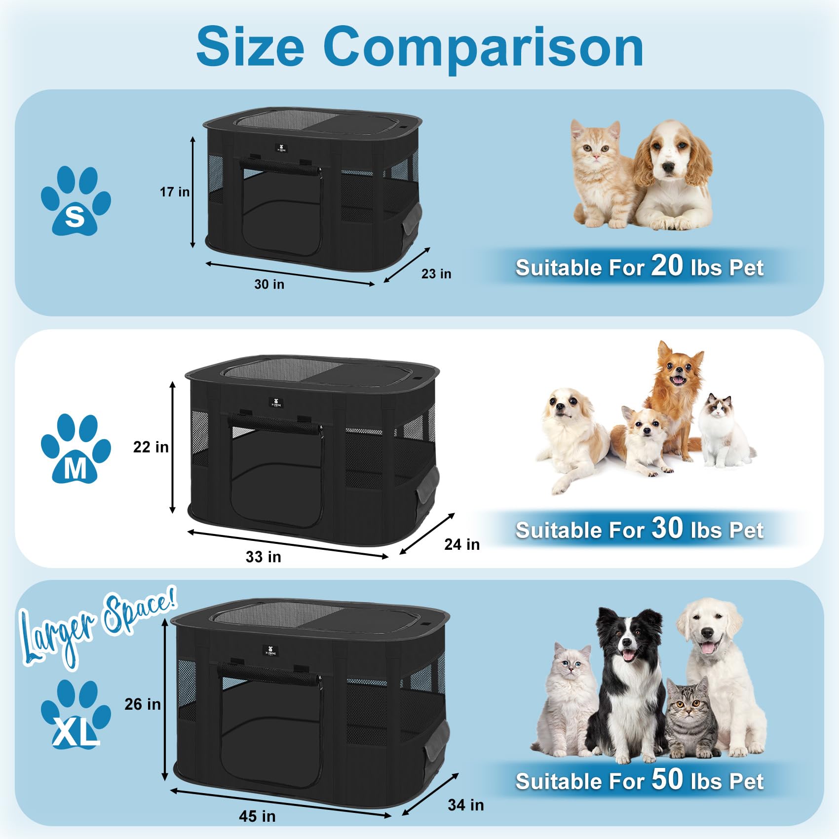 X-ZONE PET dimensiones 45x34x26 pulgadas, tamaño extra grande para mascotas grandes.