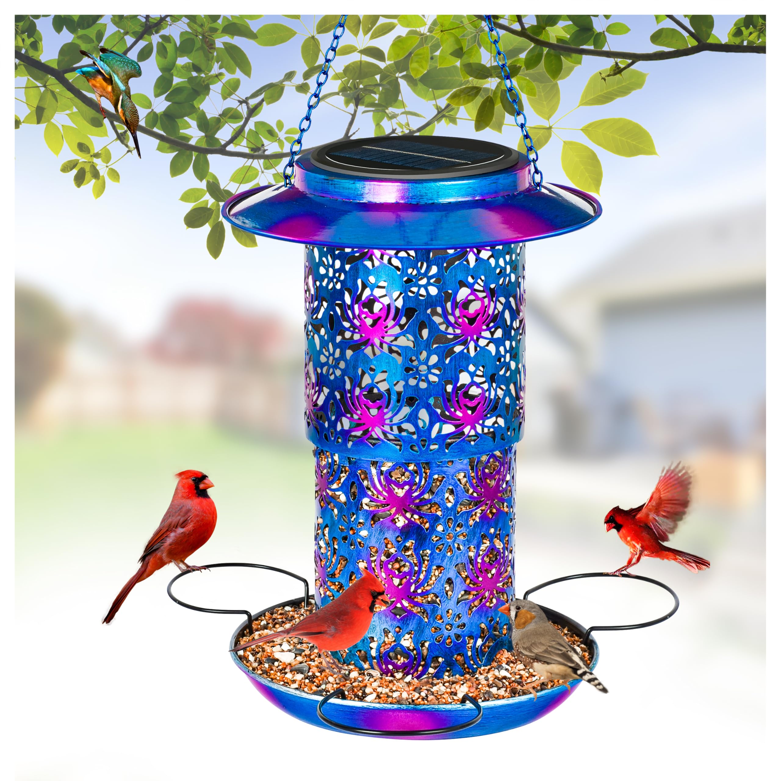XDW-GIFTS comedero-aves-solar-azul-360-grados para jardín, atrae aves silvestres con facilidad.