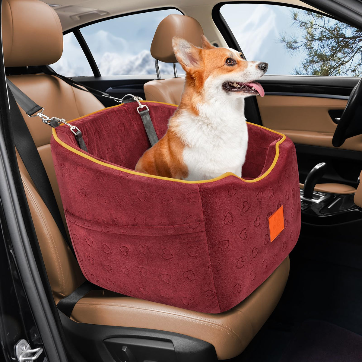 XIEEAOZEE Asiento elevador para perro pequeño: vista frontal para mayor seguridad en viajes.