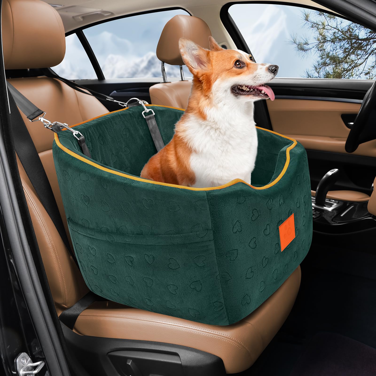 XIEEAOZEE asiento para coche de perro pequeño muestra medidas y ajuste.