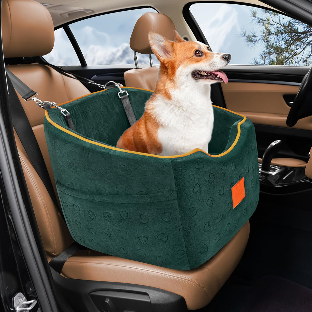 XIEEAOZEE asiento para coche de perro pequeño muestra medidas y ajuste.