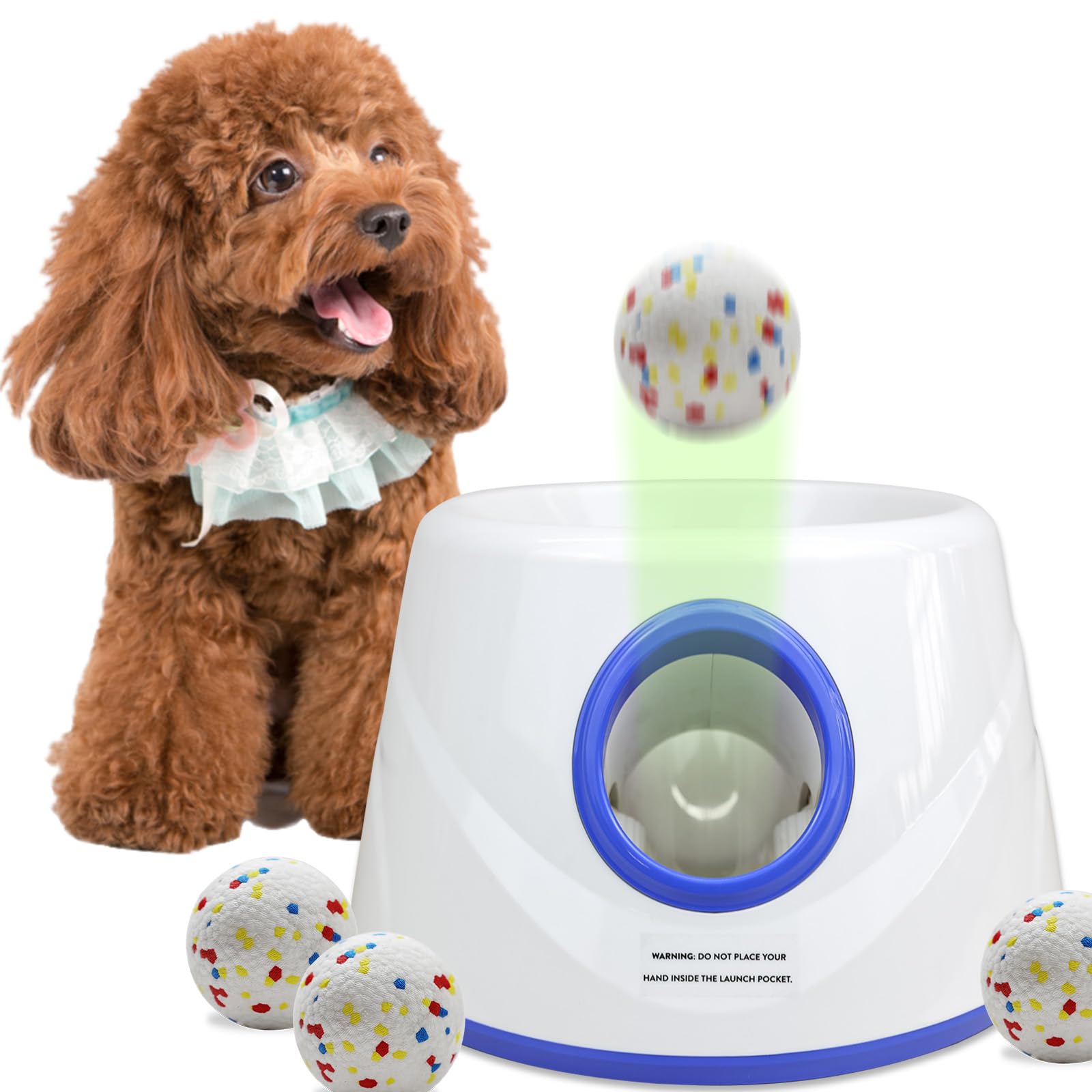 Lanzador automático XIMUSON en uso, juego interactivo para perros, manos libres.