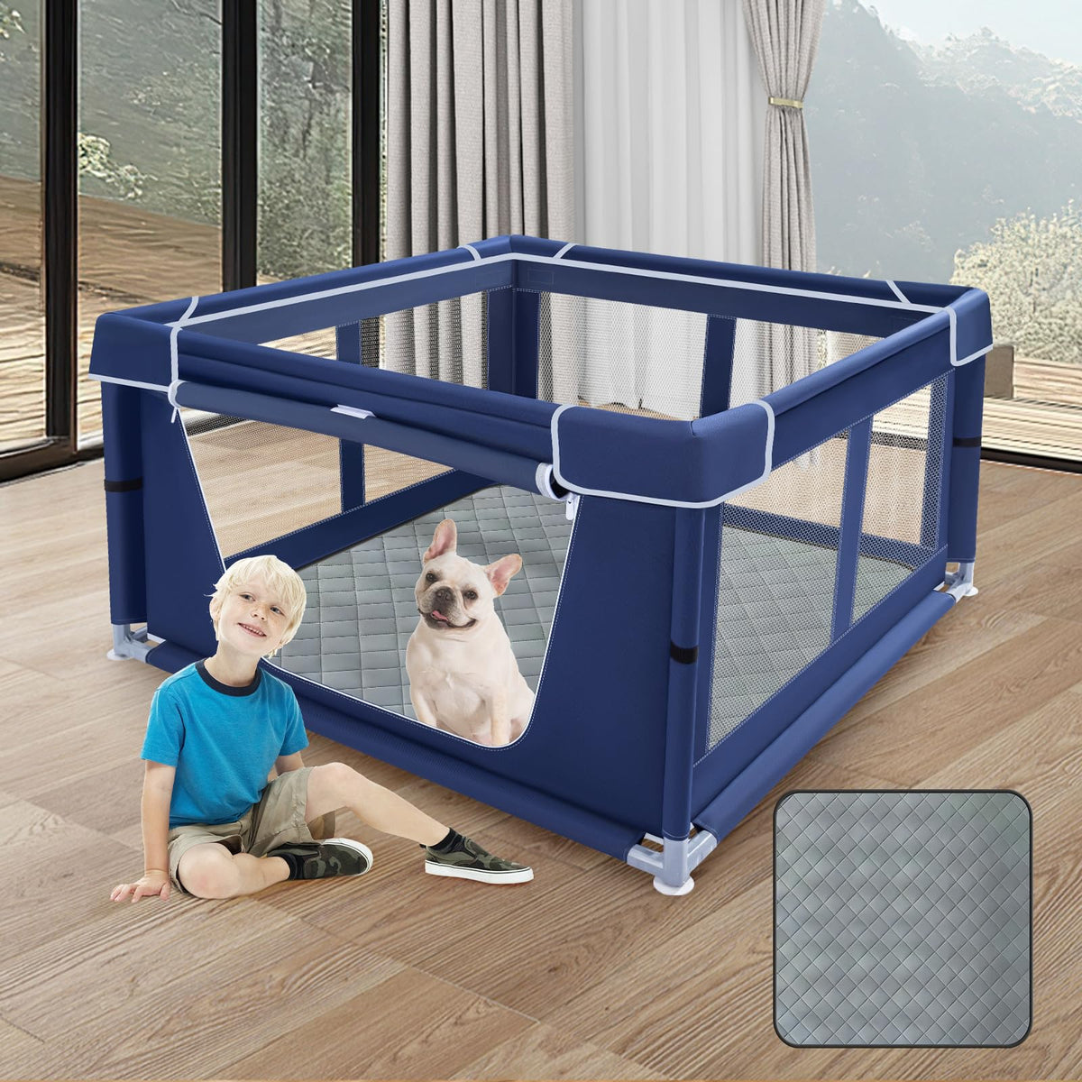 XVISHX parque para perros 42x42 muestra un área amplia para jugar y descansar