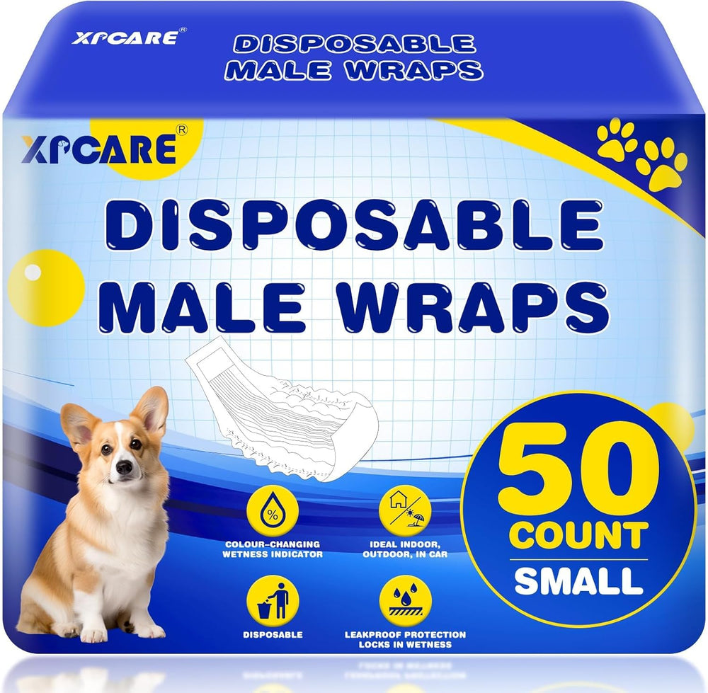 XPCARE pañales desechables para perro macho, enfocado en el empaque para viaje cómodo