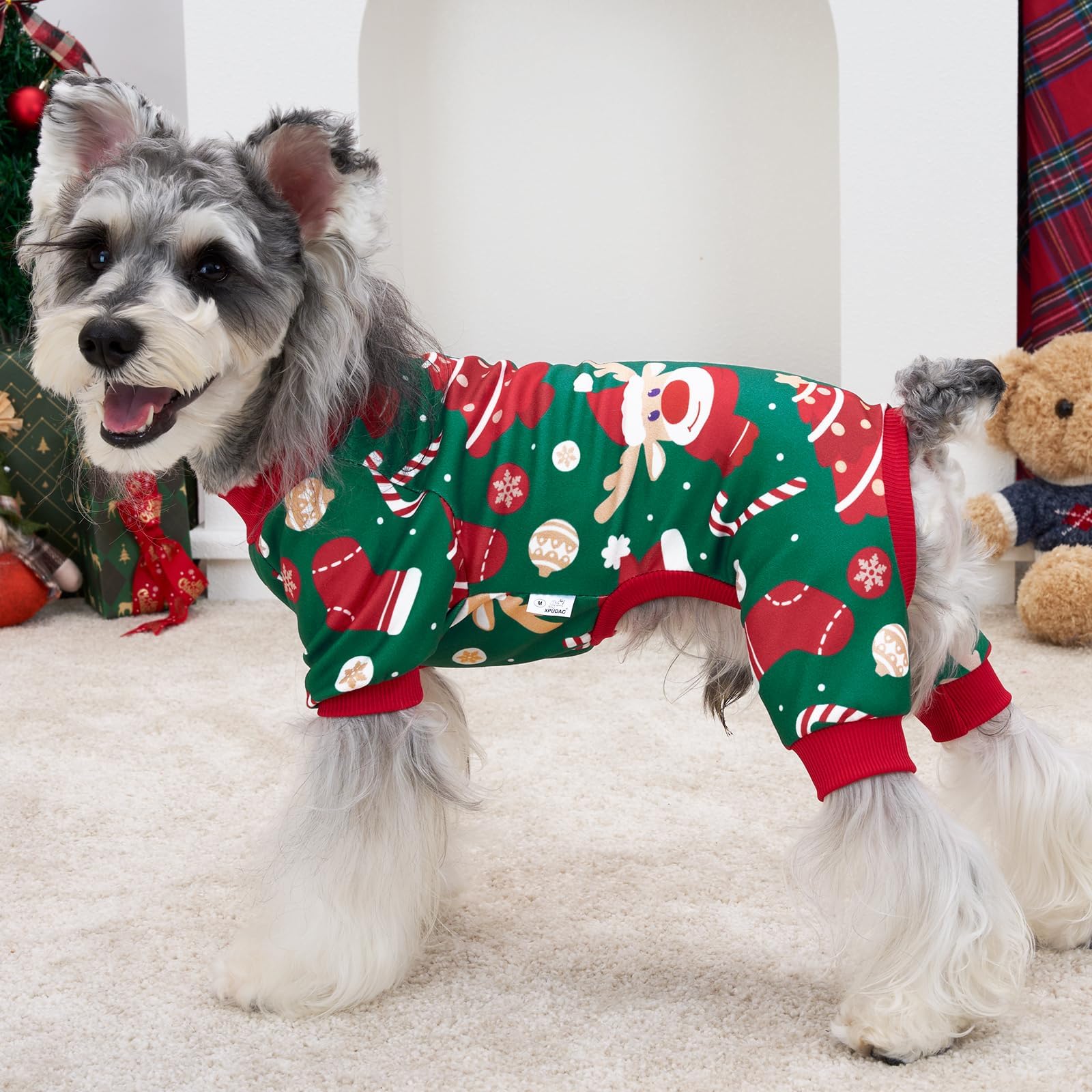 XPUDAC pijama navideño para perro, tejido suave, mantiene caliente durante paseos.