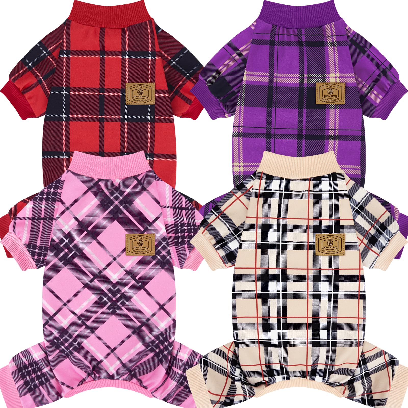 XPUDAC pijamas para perros de cuadros, vista frontal y ajuste cómodo.