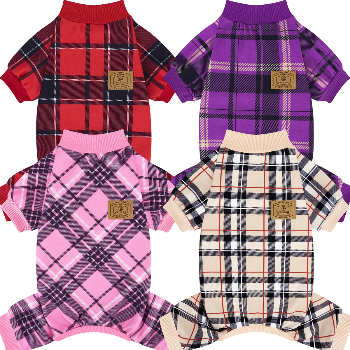 XPUDAC pijamas para perros de cuadros, vista frontal y ajuste cómodo.
