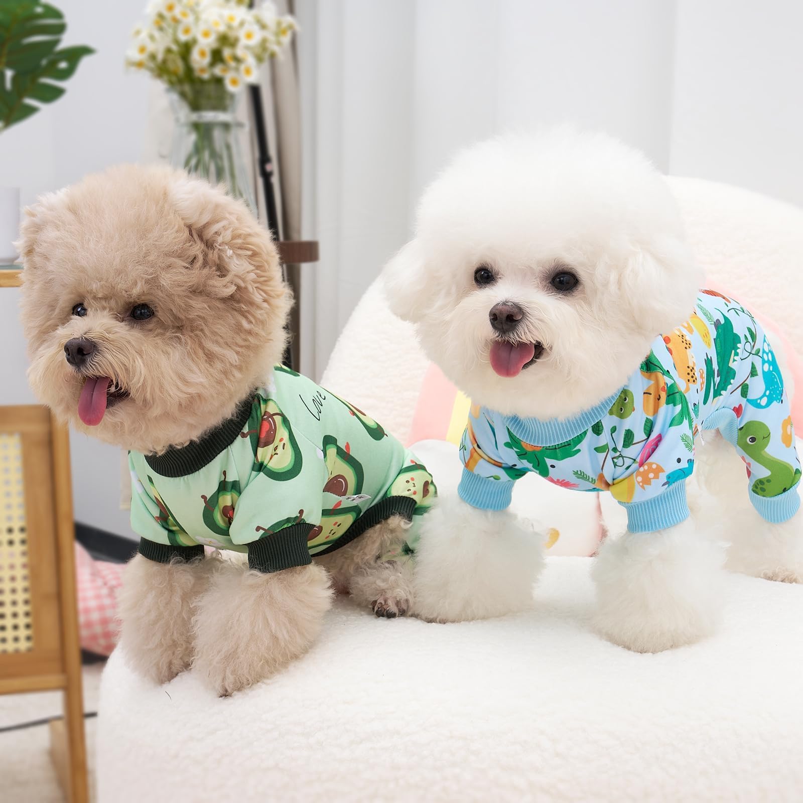 Pijamas XPUDAC para perro con diseño dino, ideal para sesiones de fotos.
