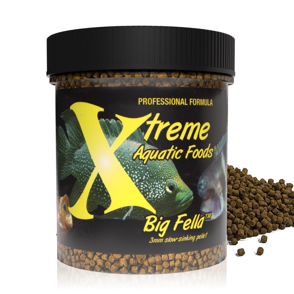 Xtreme Aquatic Foods Big Fella: envase de 9 onzas con granulado, ideal para alimentación diaria.