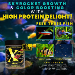 Xtreme Nano: alta proteina para peces nano, favorece desarrollo y vitalidad.