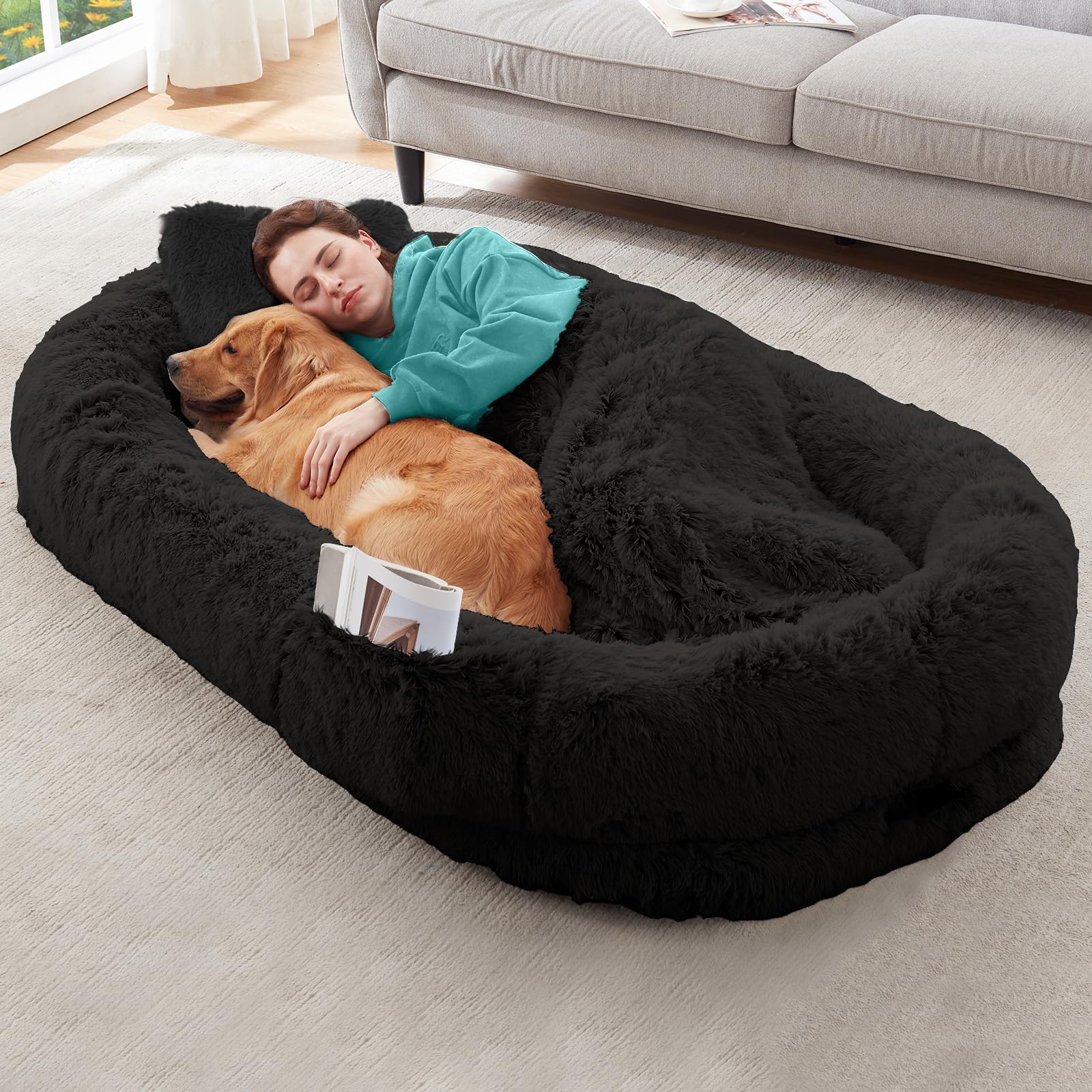 YAEM cama humana con funda felpura sintética, ideal para descansar junto a tu mascota.