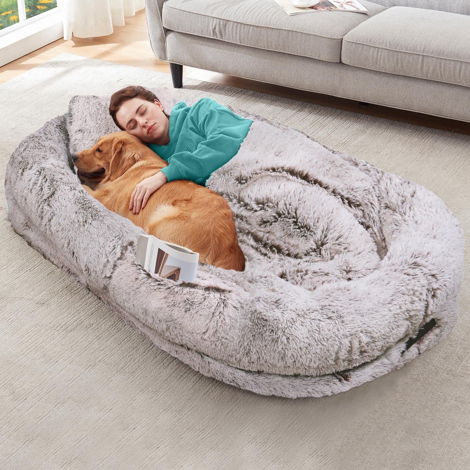 YAEM cama humano-perro con cobertura de pelo sintético para mayor comodidad al dormir