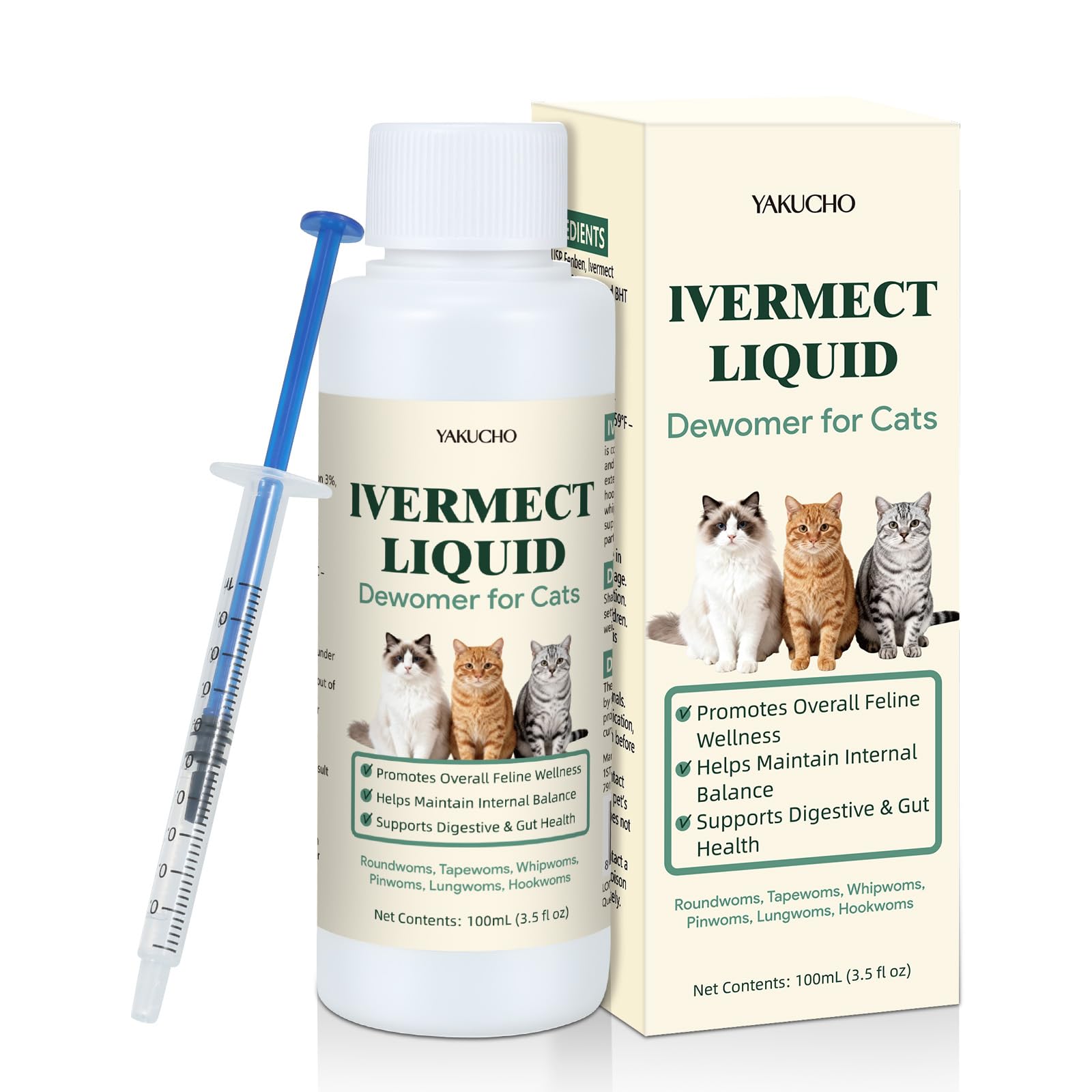 Yakucho lvermect para gatos, frasco de dosis, apoyo digestivo suave para felinos.