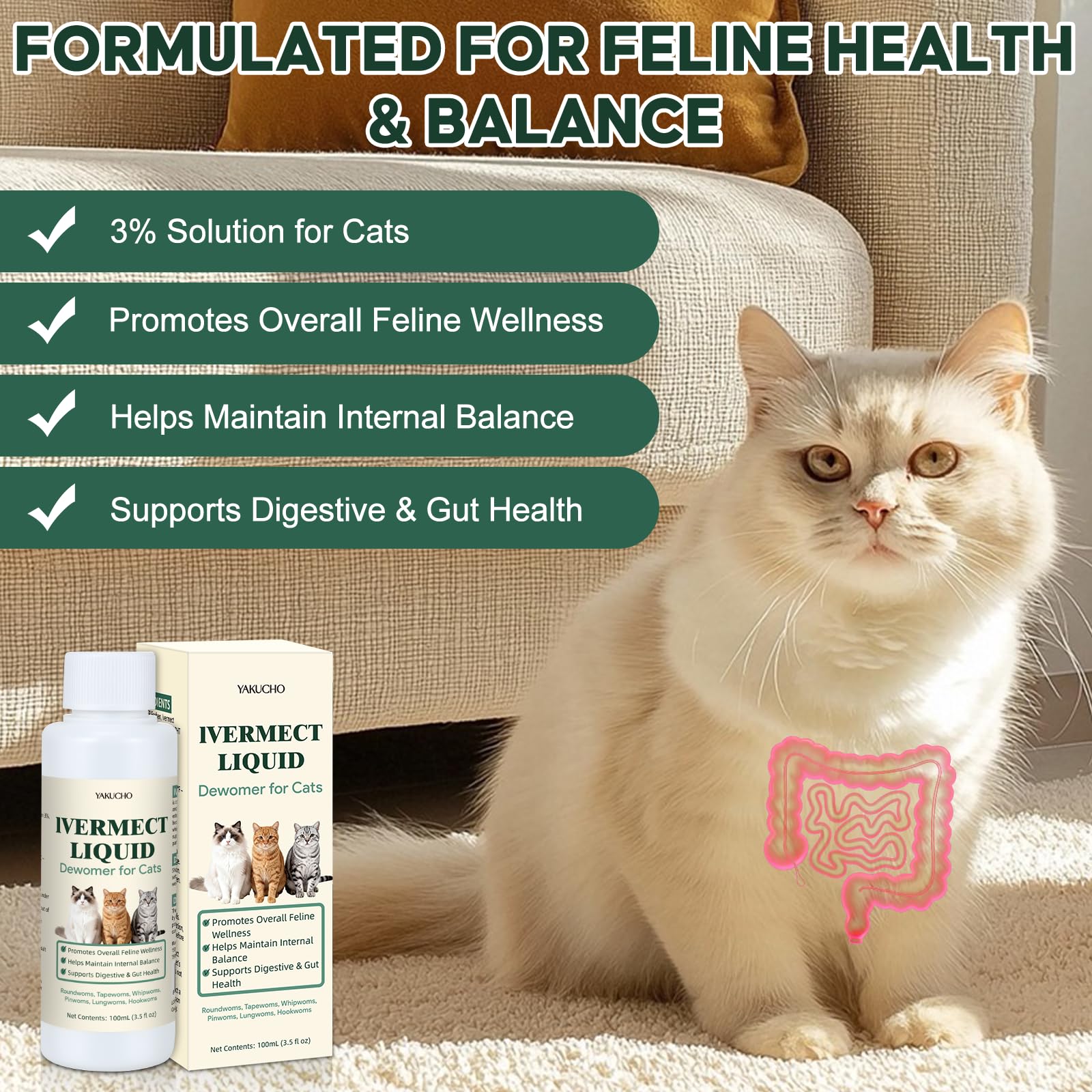 Yakucho lvermect para gatitos y gatos adultos, apoyo digestivo diario.