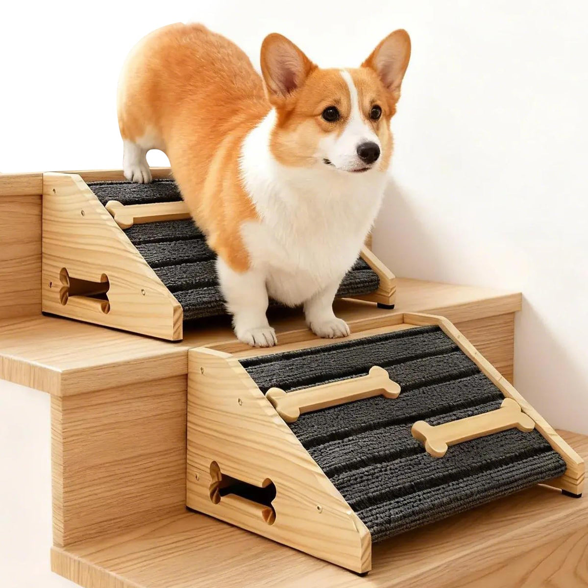 Yaquho rampa para perros de madera, dos piezas, detalle antideslizante para subir con seguridad.