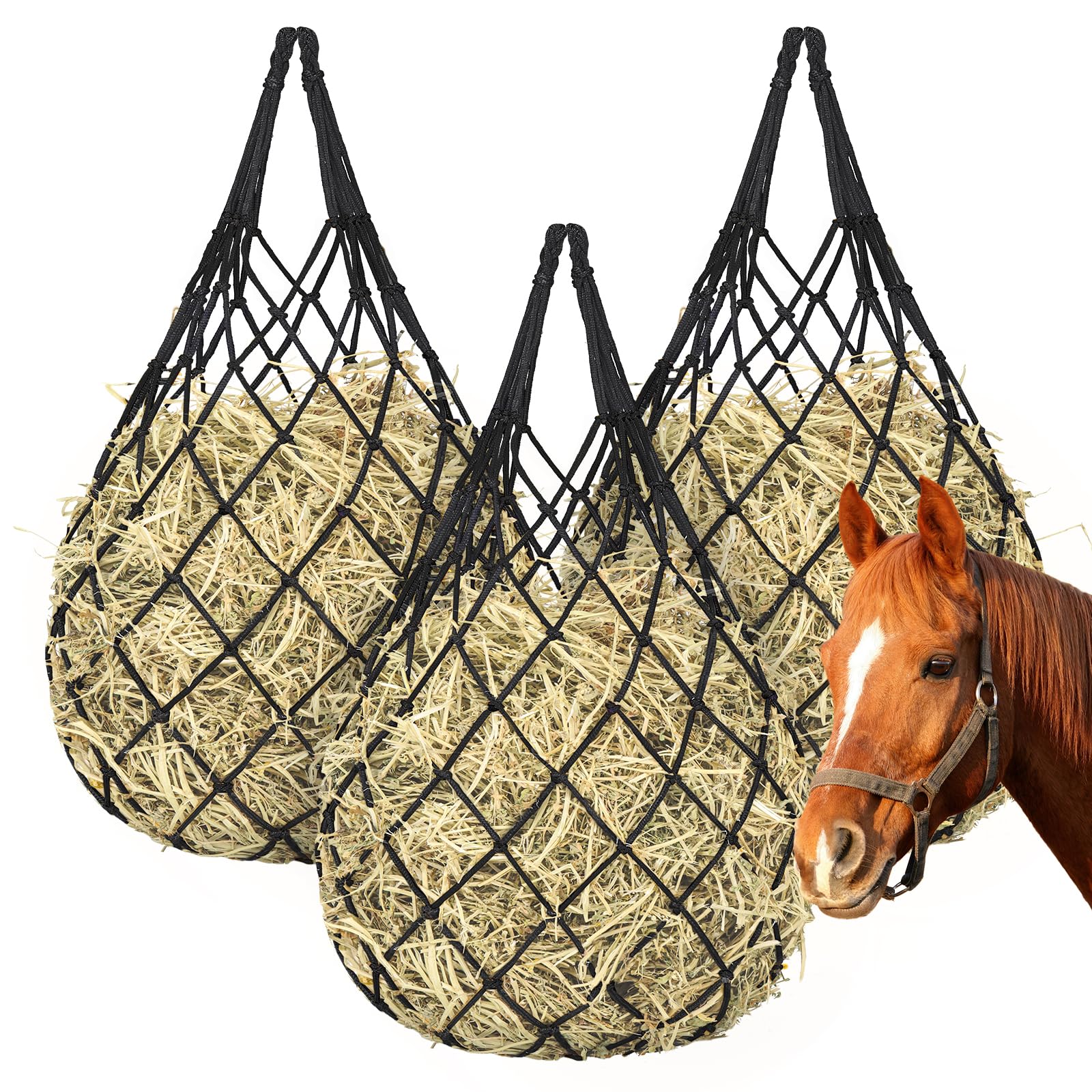 Bolsas heno YedsIntu para caballos colgadas reducen desperdicio diario.