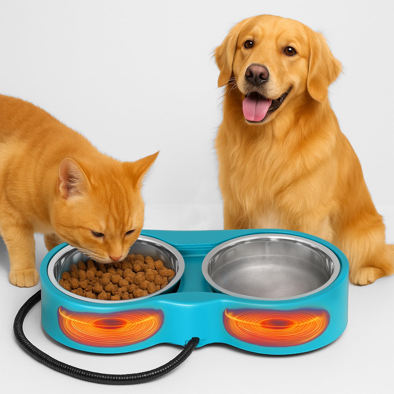 Tazón calefactable YEOLEH de doble tazón para mascotas, ideal para mantener comida y agua templadas.