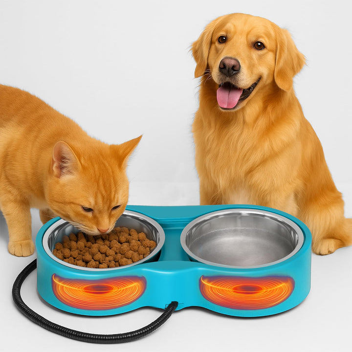 Tazón calefactable YEOLEH de doble tazón para mascotas, ideal para mantener comida y agua templadas.