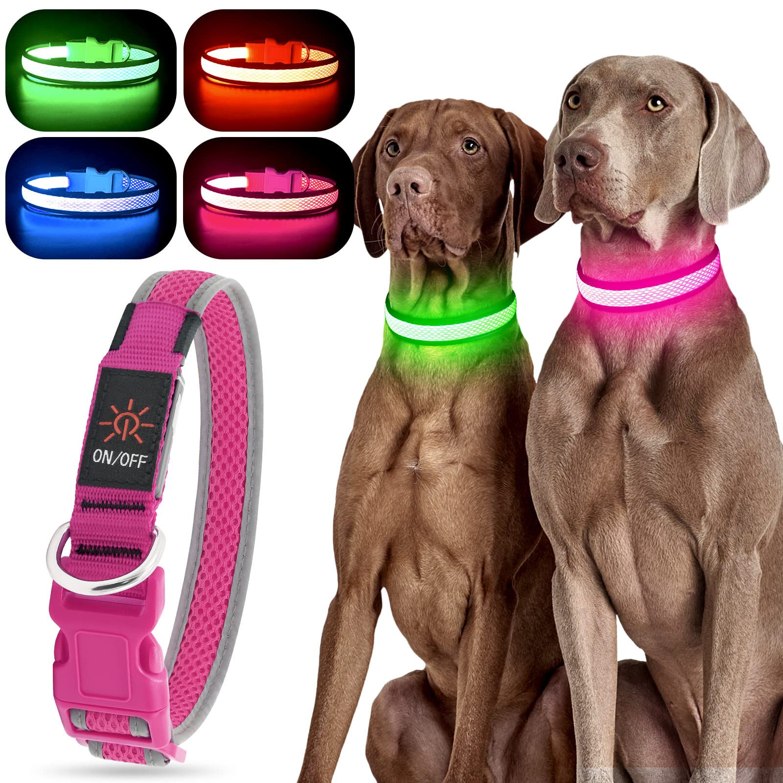 YFbrite collar-luz-perro-rosa-mediano mejora la visibilidad para paseos nocturnos.