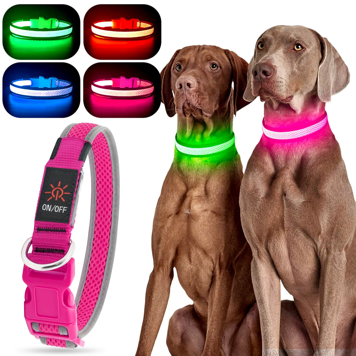 YFbrite collar-luz-perro-rosa-mediano mejora la visibilidad para paseos nocturnos.
