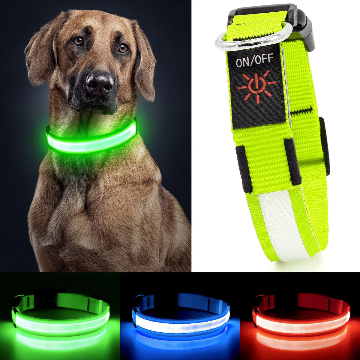 Collar LED YFbrite ajustable para perros, aumenta visibilidad durante paseos nocturnos.
