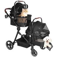 Carrito doble YIYUNBEBE plegable para mascotas, ideal para paseos con dos animales.