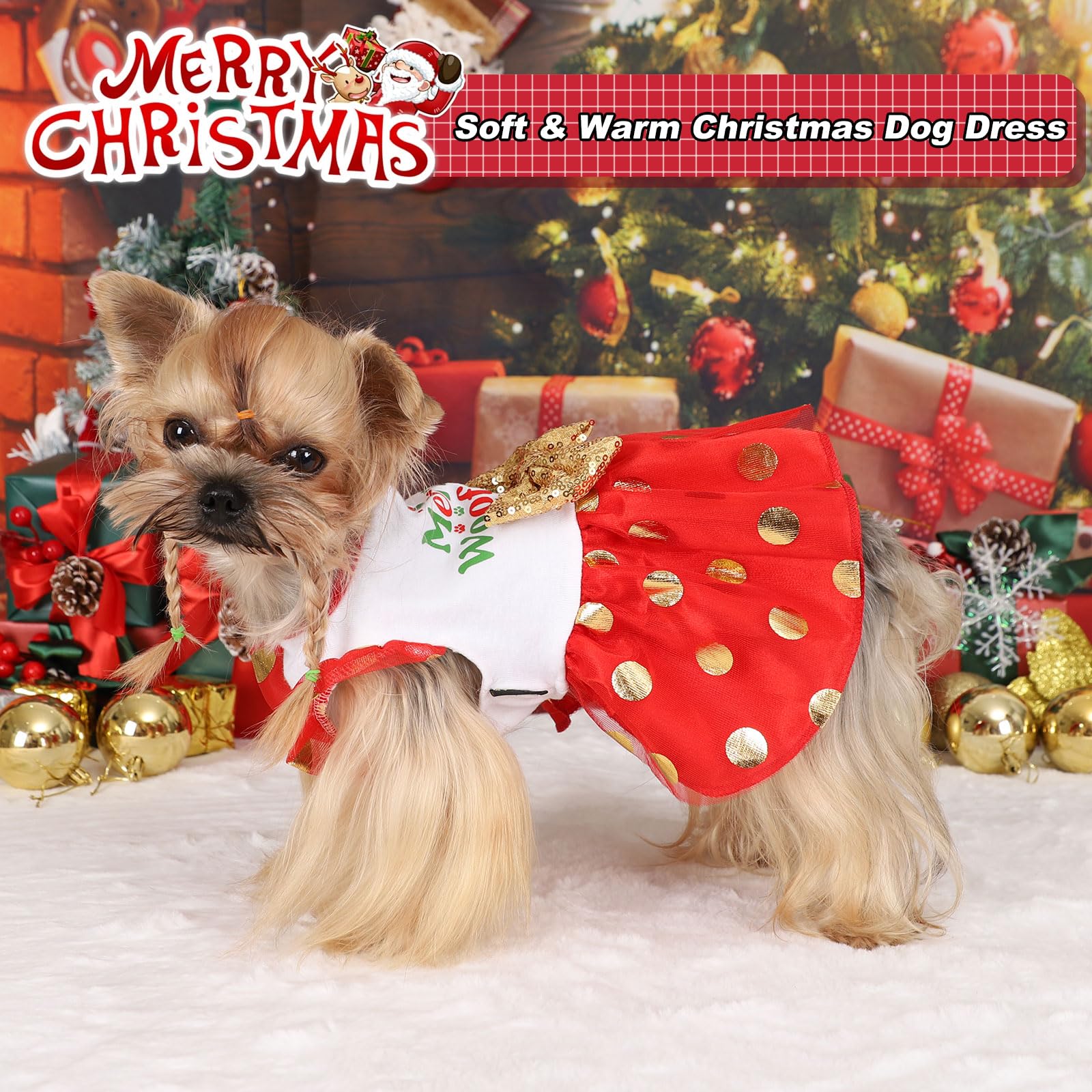 Detalle lazo dorado en vestidito navideño Yikeyo para perro.
