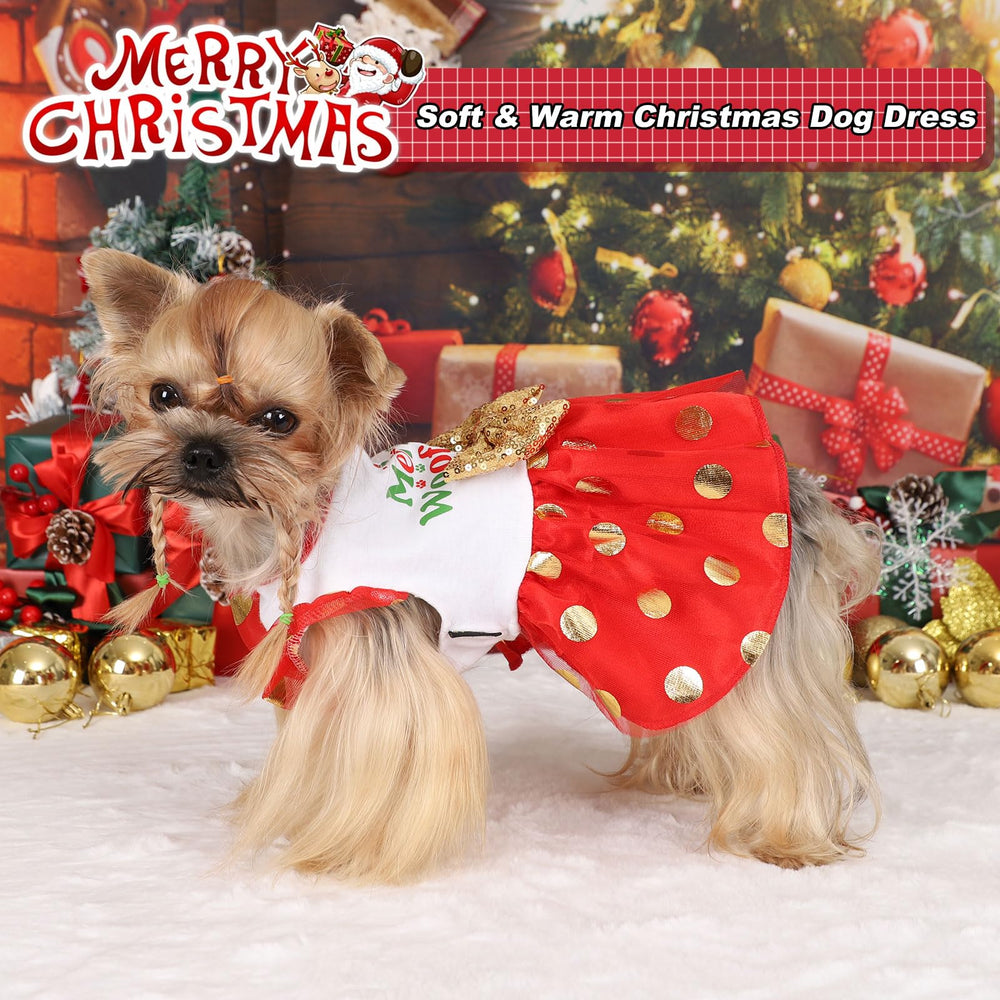 Detalle lazo dorado en vestidito navideño Yikeyo para perro.