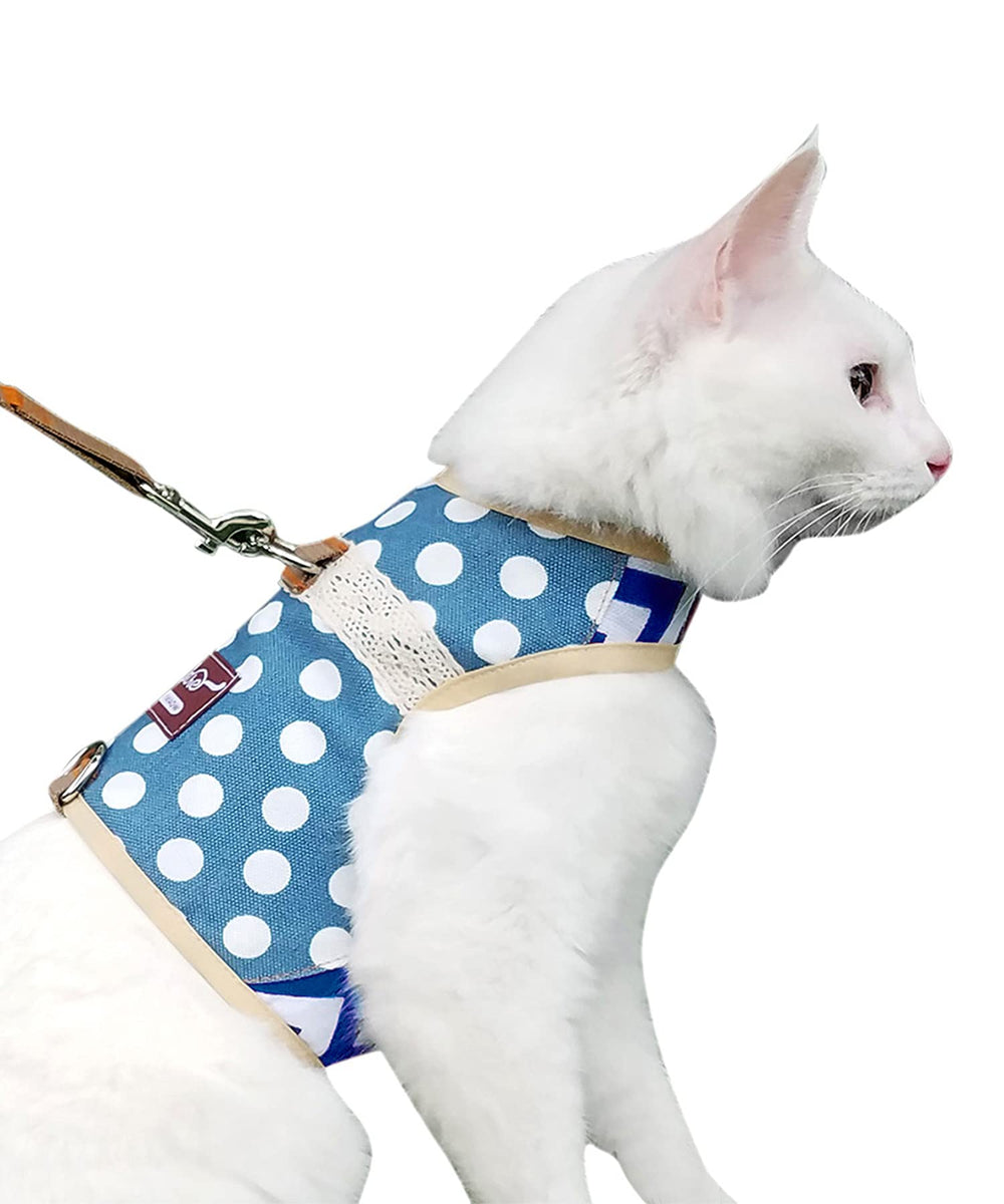 Arnés Yizhi Miaow para gato azul con puntos, perfecto para paseos seguros.