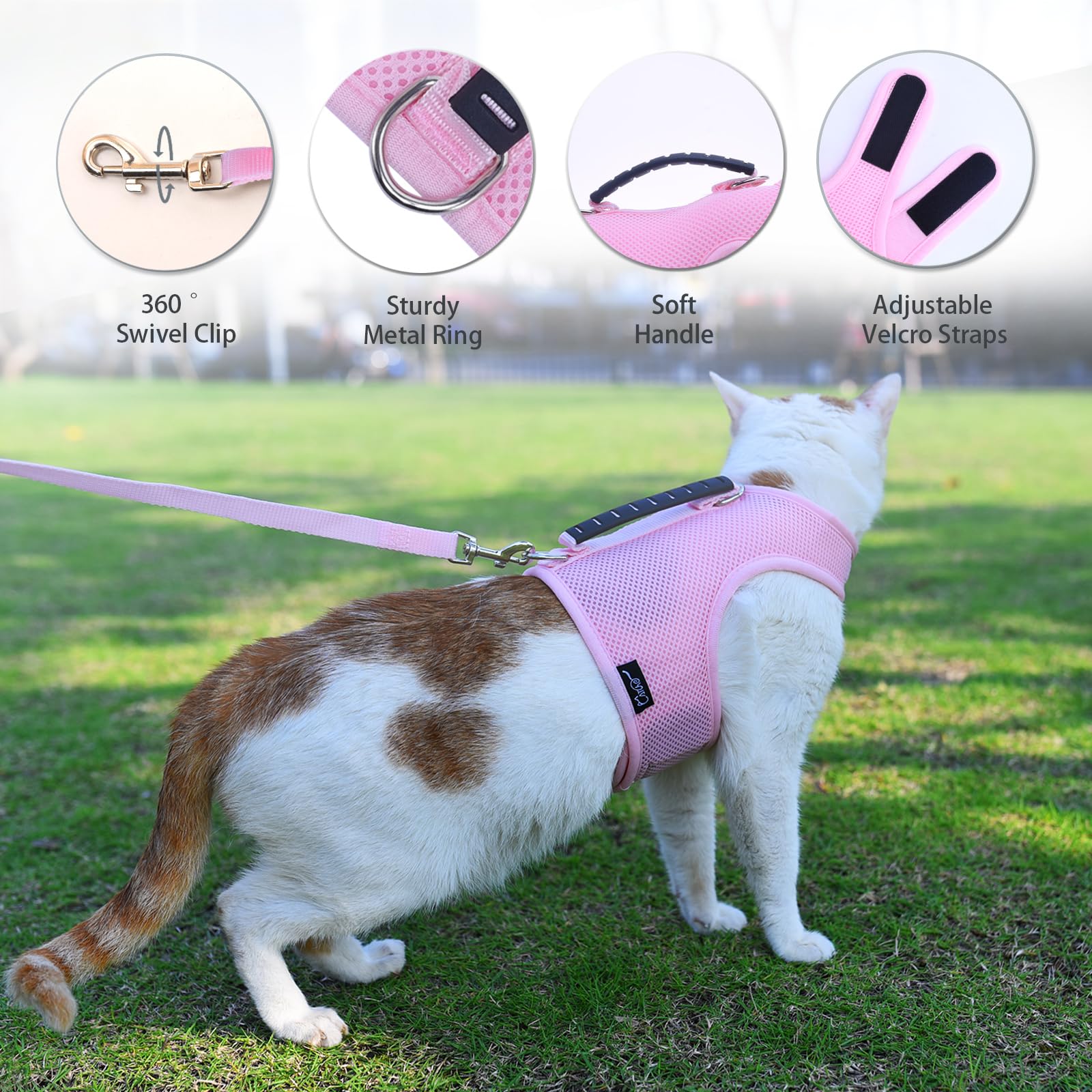Arnés YIZHI MIAOW con asa rosa para control rápido.