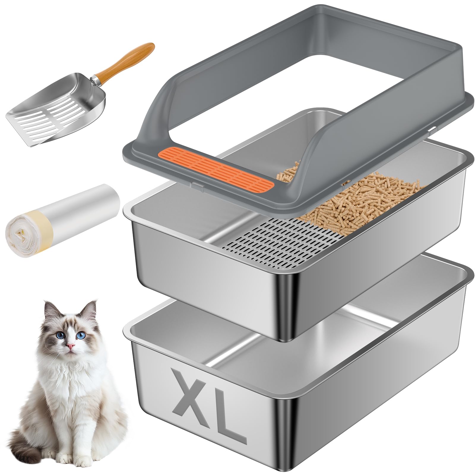 Caja de arena Yoochee con tamiz de acero inoxidable para tamizado eficiente y control de olores.