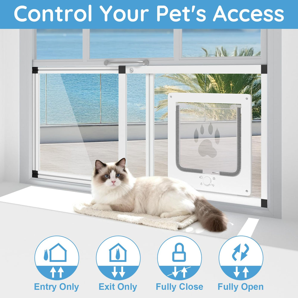 La puerta gato Yoochee muestra instalación rápida sin herramientas para ventanas verticales.